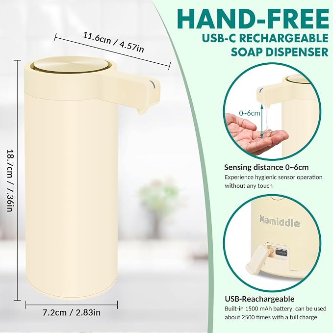 Automatic Soap Dispenser Stainless Steel with Sensor Infrared Soap Dispenser Electric IPX5 Waterproof USB-C Charging Motion Sensor for Kitchen & Bathroom (Champagne)