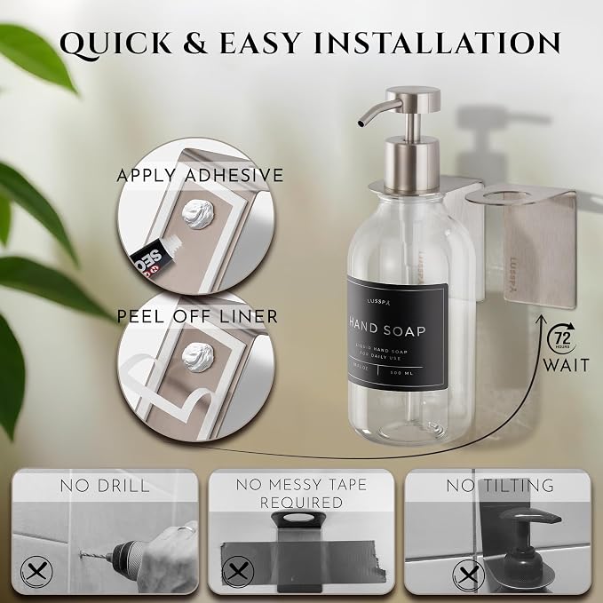 Shower Shampoo Dispenser Wall Mounted – Refillable 16.9 oz Clear Bottle with Stainless Steel Pump & No-Drill Adhesive Holder – Soap Dispenser for Bathroom (1 X Clear/Silver)