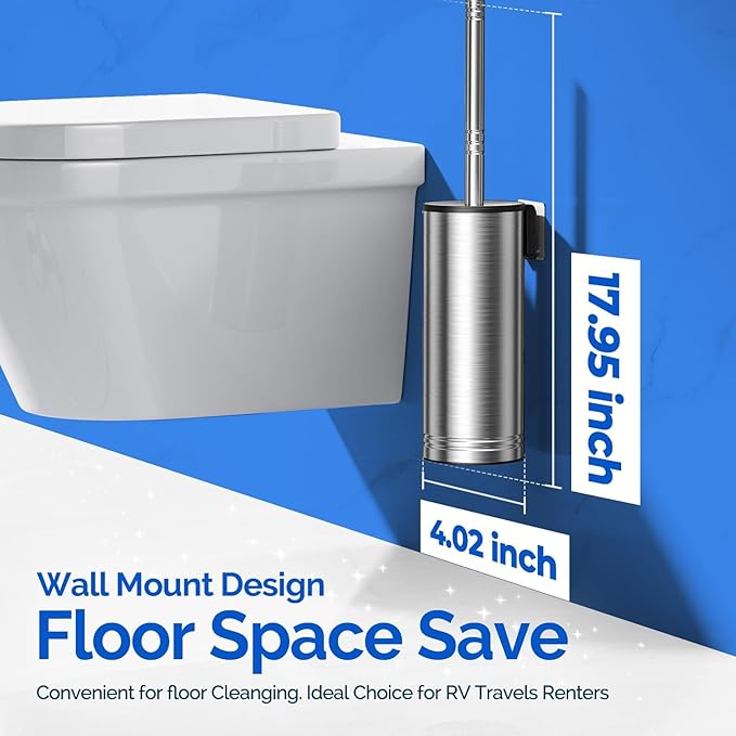 HAMITOR Toilet Brush and Holder Set: 304 Stainless Steel Heavy Duty Deep Cleaning Bowl Cleaner Brush with Curved Bristle - Wall-Mounted for Home Apartment Bathroom Accessories Silver 1 Pack