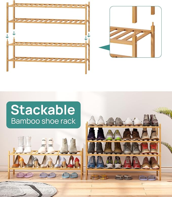viewcare 2-Tier Long Shoe Rack for Entryway, Black Bamboo Wood Shoe Rack for Closet & Hallway, Long 33IN | Beautiful | Functional | Sturdy | Durable