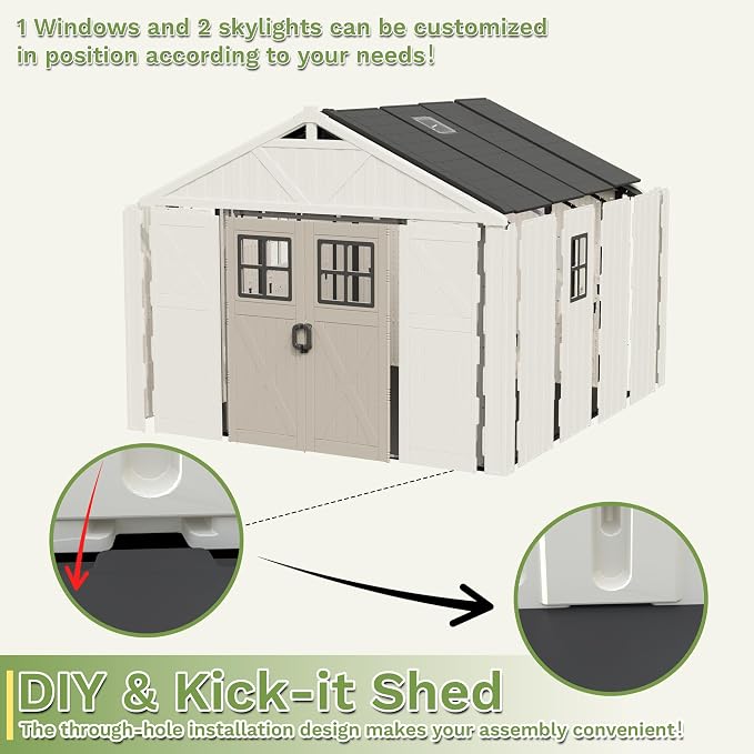 Greesum 10X8FT Plastic Outdoor Storage Shed with Floor and Lockable Door, Resin Sheds with 3-Windows and Multiple Skylights, HDPE Kick-it Shed for Garden, Patio, Backyard, Beige