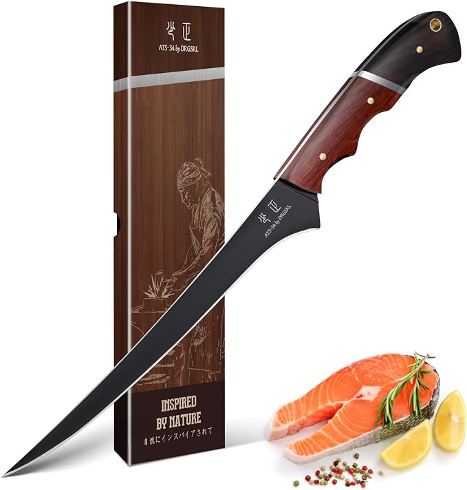 DRGSKL Fish Fillet Knife 7 inch - Black Slicing Knife with Wooden Handle | Japanese ATS-34 Steel, Full Tang, Ergonomic Walnut Handle, Precision Cutting, Gift Box