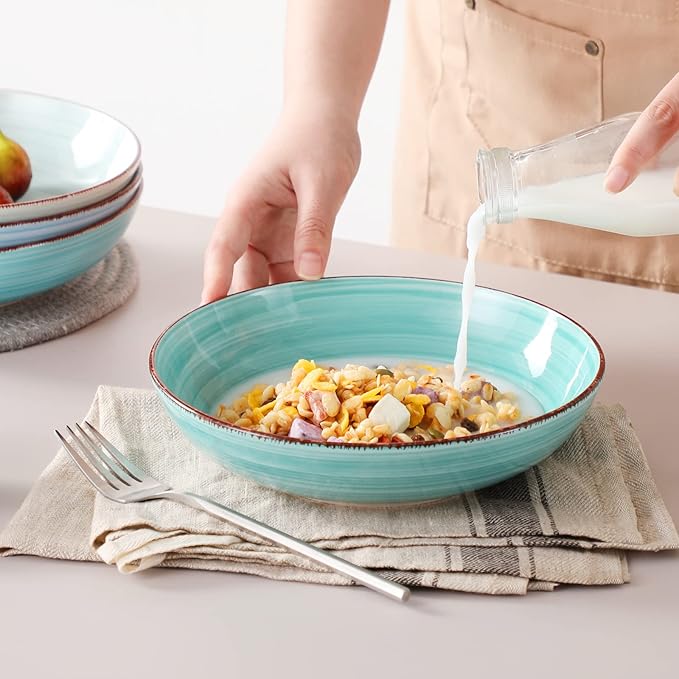 vancasso Bonita 38 oz Ceramic Pasta Bowls Set of 6, Microwave & Dishwasher Safe, 8.5 Inch Elegant Shallow Bowls Set for Pasta, Salad, & Soup – Large Capacity Pasta Plates Sets, Blue