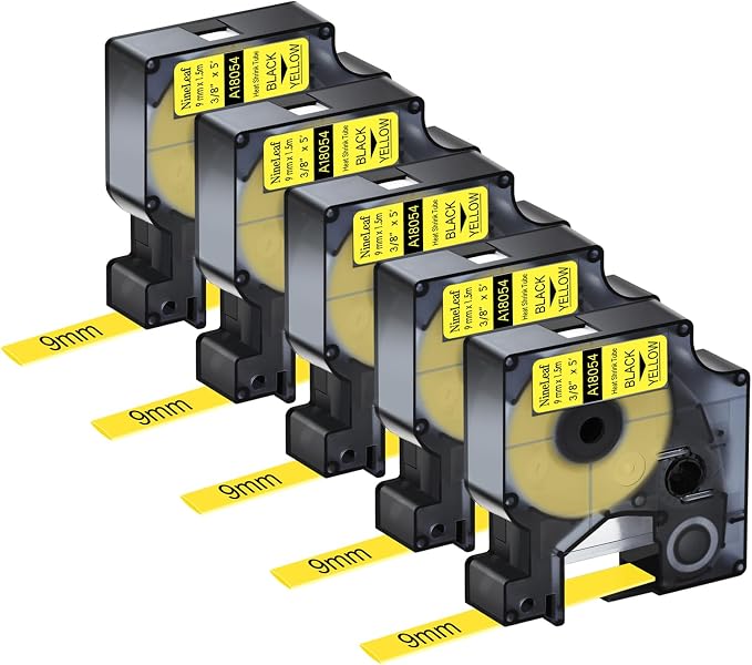 NineLeaf 5 Pack Compatible Labels Tape Replacement for Dymo 18054 3/8 inch Black on Yellow Heat Shrink Tube Labels 9mm x 1.5m for Wires and Cables Use in Rhino 4200 5200 5000 6000 3M Label Maker