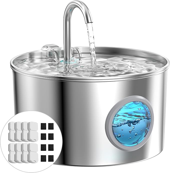 Pet Water Fountain Stainless Steel: 8 Filters + 8 Sponges Cat Water Fountains for Cats Indoor - Metal Cat Fountain Bowl - 74oz/2.2L Faucet Kitty Fountains & Led Light - Cats Pet Fountain for Drinking