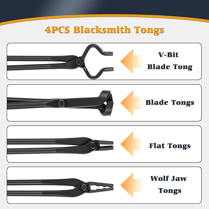 Blacksmith Tongs - V-Bit, Blade, Flat, Wolf Jaw Forge Tong (4PCS) | Assembled Steel Knife Making Tong Set for Blacksmithing Bladesmith Bladesmithing