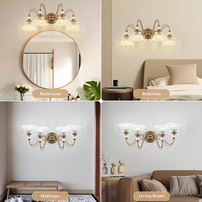 Vintage Bathroom Vanity Light, 4-Light Matte Antique Brass Finish Wall Sconce with Hanging Crystal Accents and Flower-Shaped Clear Glass Shades, Retro Wall Mount Vanity Light Over Mirror for Bathroom