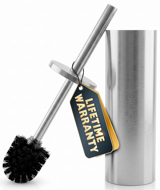 Stylish Stainless Steel Toilet Brush and Holder Set - Silver Toilet Bowl Brush and Holder with Splash Cover, Sturdy Bristles, Corrosion & Scratch Resistant - Elegant Design, Effective Deep Cleaning