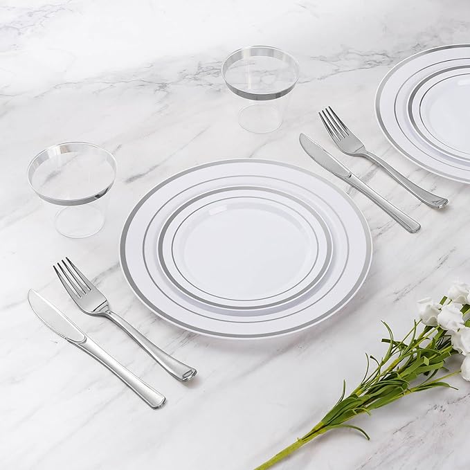 Goodluck 150 Pieces Silver Disposable Plates for 25 Guests, Plastic Party, Wedding, Dinnerware Set of Dinner Plates, Salad Spoons, Forks, Knives, Cups