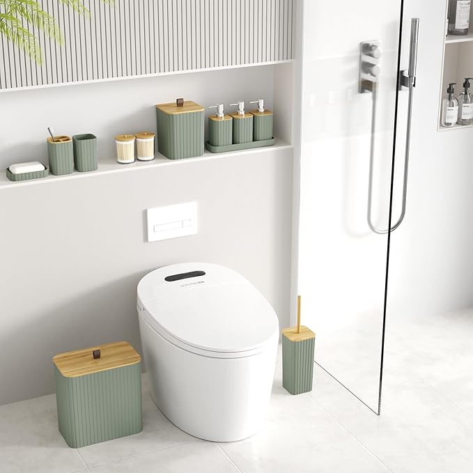 Bathroom Accessory Set - Sage Green Bathroom Set, 12PC Bathroom Accessories Set, Sage Green Bathroom Accessories Set, Mini Trash Can, Toilet Brush, Trash Can & Soap Dispenser