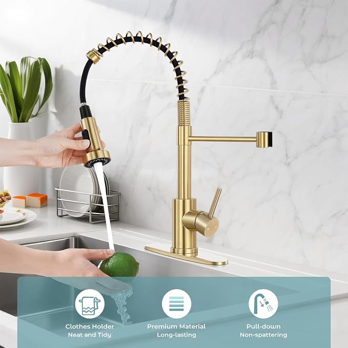 Kitchen Faucet with Soap Dispenser, Brushed Gold | 360° high arc spout, single handle, fingerprint-resistant, drip-free valve, DIY install kit, NSF certified