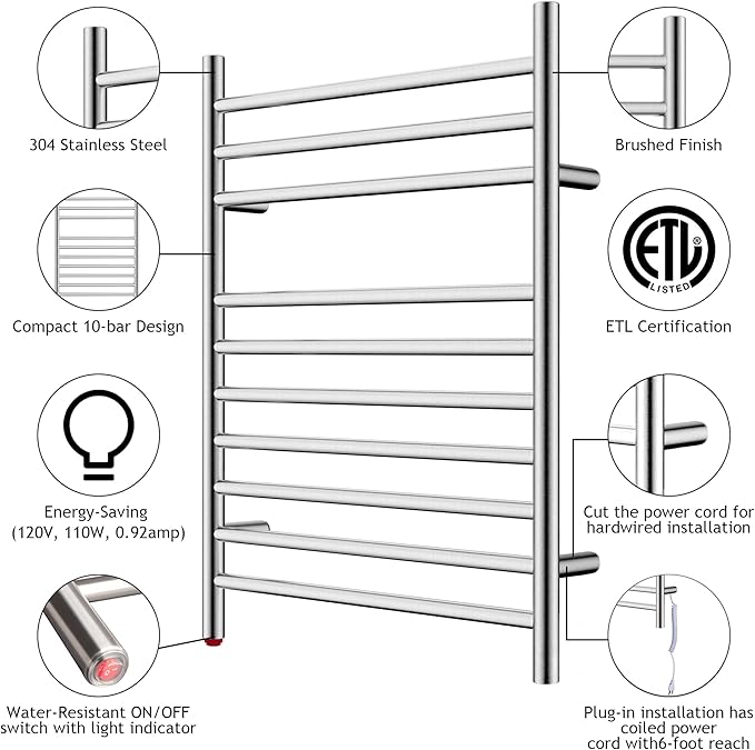 HEATGENE Towel Warmer, Compact Electric Towel Warmer for Small Bathroom, Wall-Mounted Electric Towel Racks, Plug-in/Hardwired Electric Towel Rails - Brushed