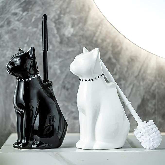 Cat Toilet Brush Holder - Ceramic Whimsical Feline Design with Wide-Mouth Storage, Black Toilet Bowl Brush and Holder Set Cute for Bathroom Ground, Easy-Clean Cat Lover Gift (Black)