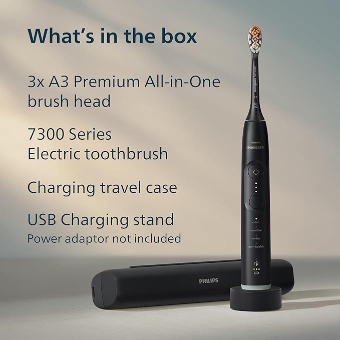 Philips Sonicare 7300 Series Electric Toothbrush - Next-Generation Sonicare Technology, Pressure Sensor, 12 Brushing Settings, SmarTimer, BrushPacer, 21-Day Runtime, Travel Case, Black, HX7421/07