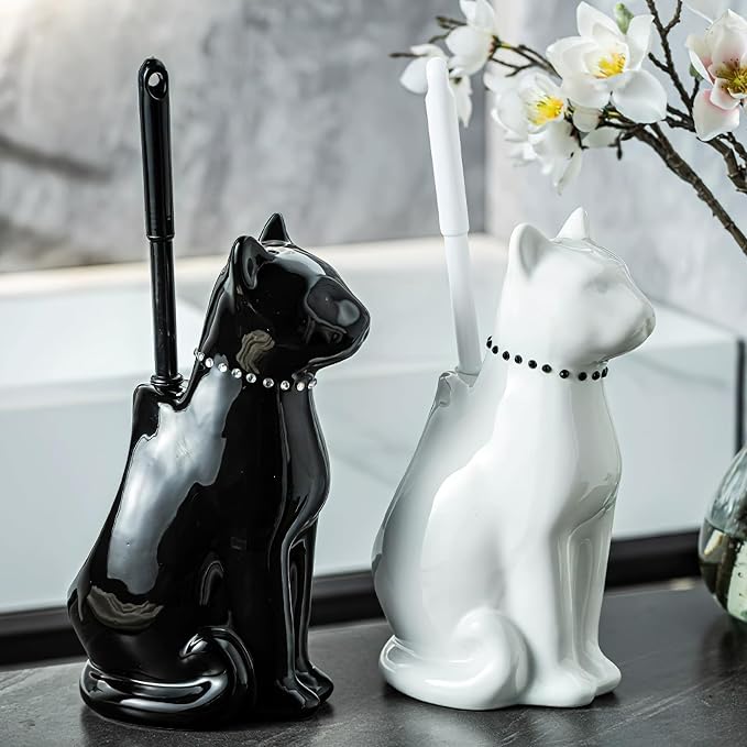 Cat Toilet Brush Holder - Ceramic Whimsical Feline Design with Wide-Mouth Storage, Black Toilet Bowl Brush and Holder Set Cute for Bathroom Ground, Easy-Clean Cat Lover Gift (Black)