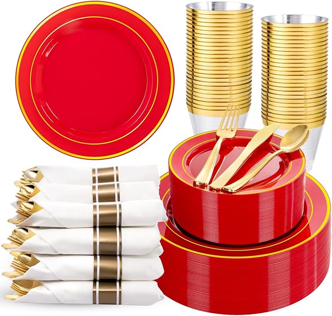 WDF Partyware 350Pieces Red Plastic Plates with Gold Rim Include 50Dinner Plate 10inch 50Dessert Plate 7inch 50 gold Cups 9 OZ, 50 Pre Rolled Napkins for Wedding/Birthday/Christmas/Party