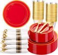 WDF Partyware 350Pieces Red Plastic Plates with Gold Rim Include 50Dinner Plate 10inch 50Dessert Plate 7inch 50 gold Cups 9 OZ, 50 Pre Rolled Napkins for Wedding/Birthday/Christmas/Party