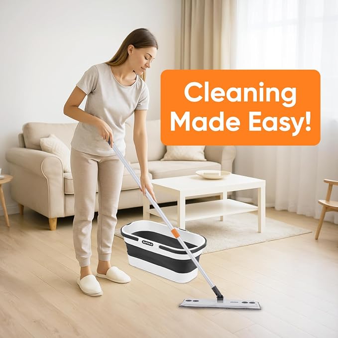 Superio Miracle Mop with Telescopic Handle & Microfiber Pad, Fold N Go 10L Collapsible Mop Bucket with Wheels - Portable Cleaning Set for Vinyl, Tile, Hardwood & More - Grey