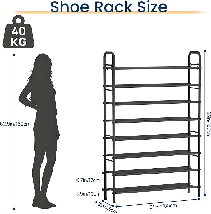 ENJOYBASICS 8 Tier Shoe Rack Garage Storage, Tall Metal Shoes Shelf, Black | Free Standing Shoe Holder for 36 Pairs, Sturdy Heavy Duty Shoe Organizer for Walk-in Closet, Guest Room, Garage, Entryway