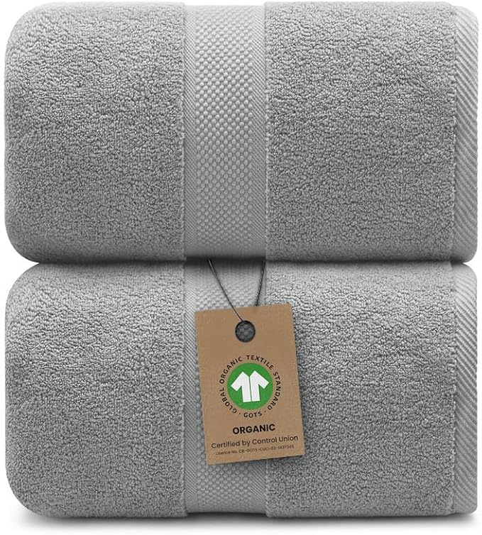 Alusa Home 100% Organic Luxury Bath Sheets - GOTS Certified - Extra Large 35x70 Inches (Pack of 2) Zero-Twist, Long-Staple Cotton Bath Sheet Set (Pewter Grey)