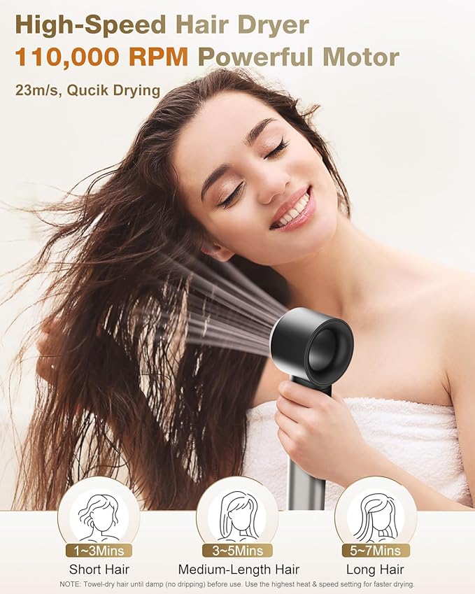 7MAGIC 6 in 1 Multi Hair Styler Dryer Brush, 110,000 RPM High-Speed, Negative Ionic, Fast Drying for Professional Blow Dry, Curling, Volumizing, Straightening and Styling, Silver