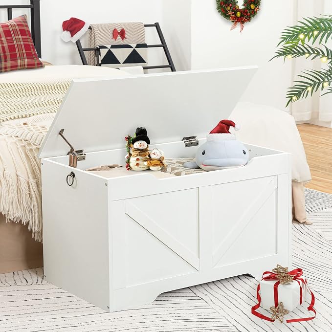 HOOBRO Storage Bench, 29.5” Retro Wooden Storage Chest with U-Shaped Cut-Out Pull, Safety Hinge, Supports 220 lb and Easy Assembly for Toy Box Organizer (White) WT77CW01