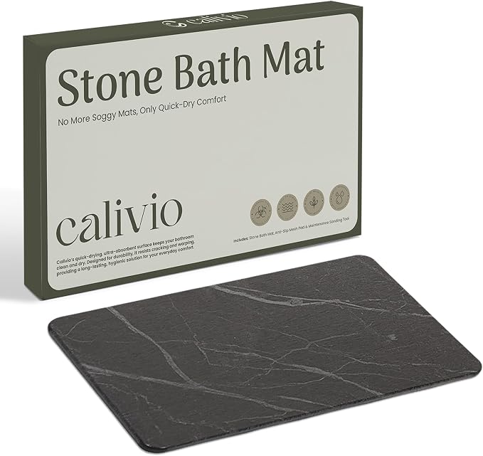 Quick Dry Shower Stone Bath Mat, Super Absorbent & Non-Slip 24 x 16 Inch Diatomaceous Earth Mat, Durable & Easy to Clean Diatomite Bath Mat for Bathroom Floor/Kitchen (Charcoal)