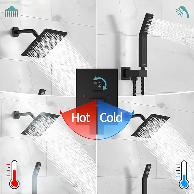 SR SUN RISE Shower Faucet - 8 Inch Shower System with Rain Shower Head and Handheld Spray - Shower Faucet Trim Repair Kits with Diverter Valve - All Metal Shower Set - Matte Black