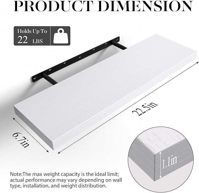 BAYKA Floating Shelves White, 22.5 inch Rustic Wood Wall Mounted Shelves for Bathroom, Bedroom, Living Room, Kitchen & Office, Hanging Shelf Deocr Display with 22 lbs Capacity, Set of 2