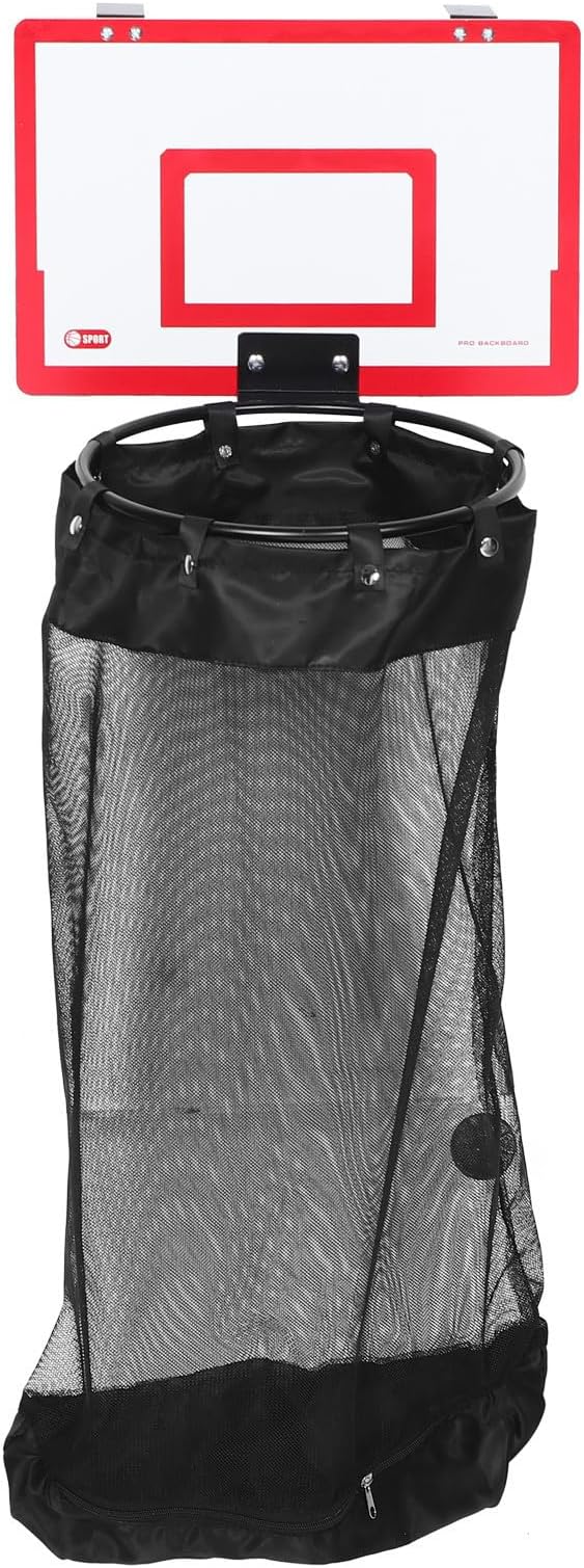 Basketball Hoop with Mesh Bag Laundry Hamper over Door for Dorm Rooms | Wood and Iron Build, Detachable Net, Adhesive Hook Setup, Blankets and Sports Gear