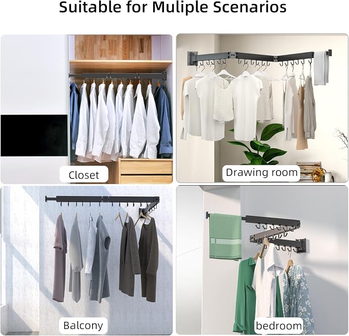 Kelisiting Wall Mount Clothes Drying Rack, 2-Fold Foldable & Sturdy Laundry Drying Rack Wall Mounted, [No Drilling] Space Saver for Laundry, Balcony, Bathroom, Patio, Dormitory, Apartment-Black