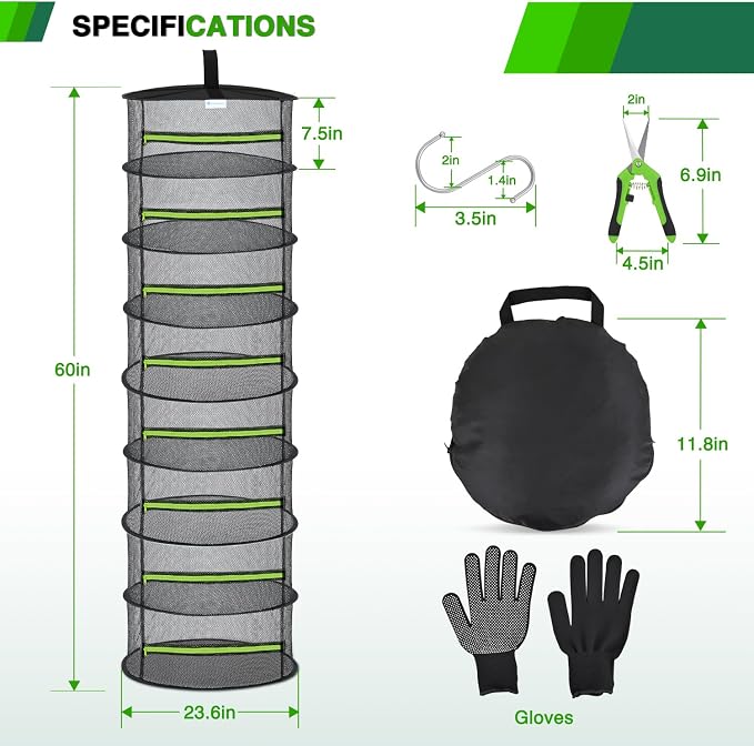 Yesker 8 Layer Herb Drying Rack Hanging Mesh Foldable Plant Drying Racks 24" w Green Zipper Pruning Shears Gloves Dryer Hanging Rack for Herbs Seed Bud Fruit Clothes Grow Tent Closets Garden Outdoor | 24" w Green Zipper Pruning Shears Gloves Dryer Hang...