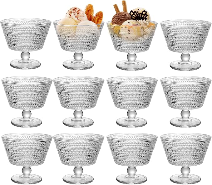 Glass Dessert Bowls & Breakfast Cups - Set of 12, 9oz Ice Cream Sundae Cups, For Oats, Ice Cream, Milk, Sorbet, Yogurt (12PCS)