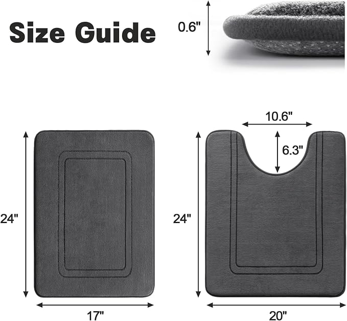 YIHOUSE Memory Foam Bath Mat Set, Bathroom Rugs Sets 2 Pieces, Non Slip Bath Mats for Bathroom, Super Soft and Water Absorbent Bath Rug Set, Machine Washable U Shape Toilet Rug,Dark Grey
