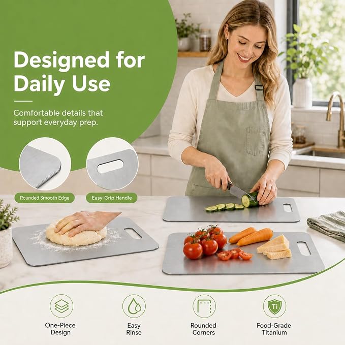 Titanium Cutting Board Set of 3, Titanium Cutting Boards for Kitchen, 100% Double-Sided Titanium Cutting Boards, Separate Raw and Cooked Food Areas, Non-Toxic, Dishwasher Safe (S+ M + L)