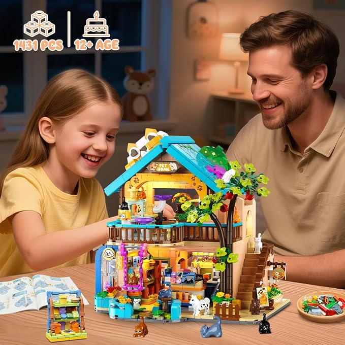 INSOON City Pet Shop Building Set with Lights for Adults Kids Boys Girls 8+ | 1431 PCS Cozy Pet Construction Toy with Cats Dogs, Cute Animal Store Miniature House Model Building Block Kit for Home Decor