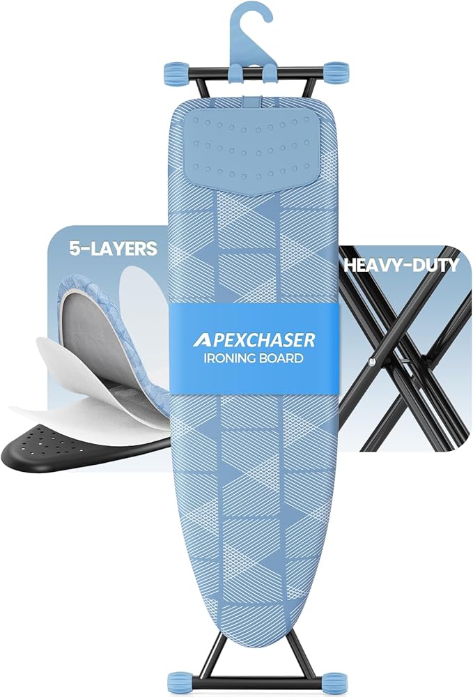 APEXCHASER Ironing Board with Iron Rest, Compact and Space Saver Iron Board, Extra Thick Cover, Height Adjustable, Wall Mount & Closet Hanger 13x43 Blue