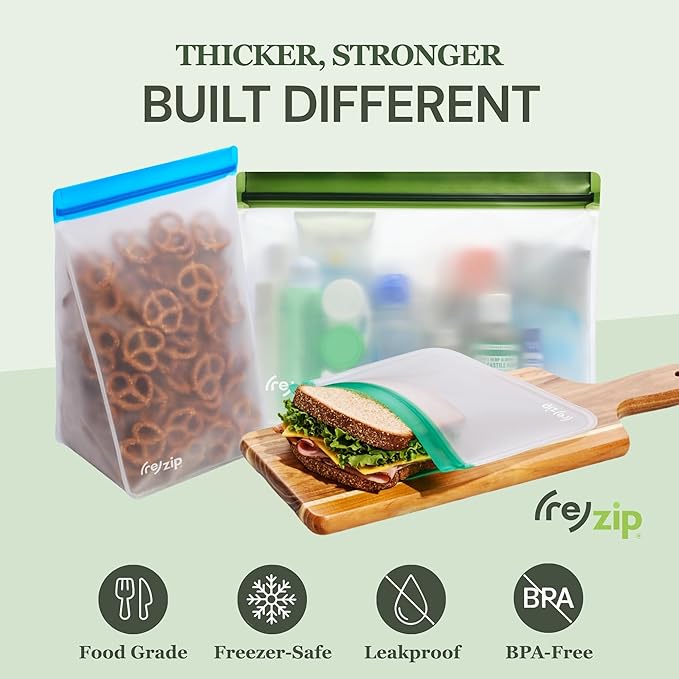 (re) zip 8-Piece Deluxe Bundle Reusable Storage Bags | BPA-Free, Food Grade, Leakproof, Freezer and Dishwasher Safe (Green, Aqua)