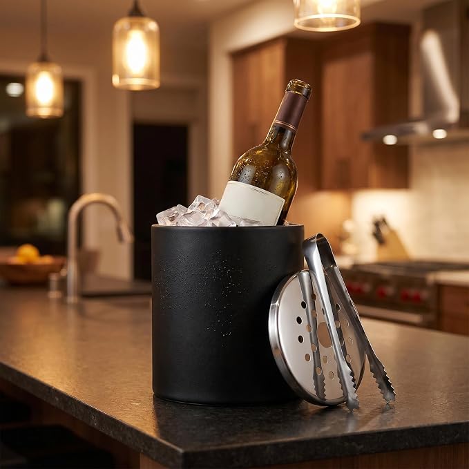 Ice Bucket with Lid & Tong - Insulated Stainless Steel Ice Bucket for Cocktail Bar & Parties - Black Double-Wall Wine Chiller with Strainer for Chilling Wine, Champagne & Beer - 5.5 x 5.5 x 7.3 inches