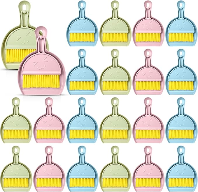 LemonRoad 24 Pcs Mini Broom and Dustpan Set with Handle Nesting Tiny Cleaning Broom Hangable Back to School Supplies for Classroom Office Desk Car Kitchen Camping Pet Area Pastel Colors
