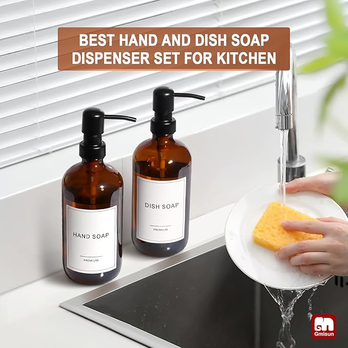 GMISUN Amber Glass Soap Dispenser, 8 Pack Bathroom Hand Soap Dispensers | 17 Fl Oz Kitchen Hand and Dish Soap Dispenser Set with Stainless Steel Pump, Modern Vintage Liquid Brown Soap Bottle