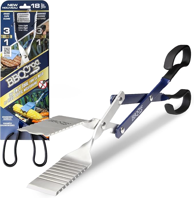 3 in 1 Barbecue Tool 18-inch by BBQ Croc - Light and Long Tongs, Spatula and Grill Scraper (Blue) (18 inch Without Flashlight)