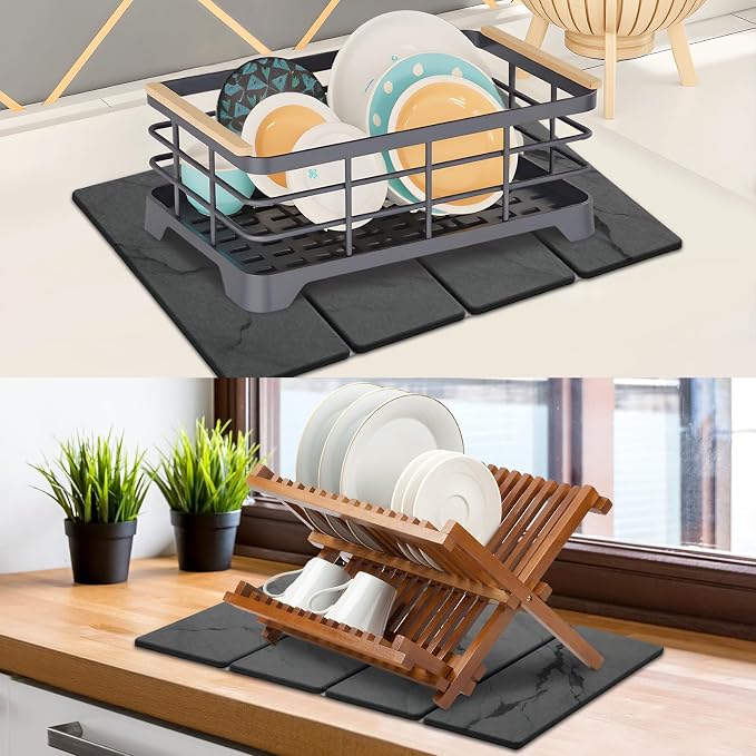 Large Stone Dish Drying Mat for Kitchen Counter, 2 PCS Quick Dry Stone Mats, Foldable Water Absorbing Diatomaceous Earth Drying Dishes Pad for Countertop Bottles Utensils Cup(Dark gray 24"x16"&8"x4")