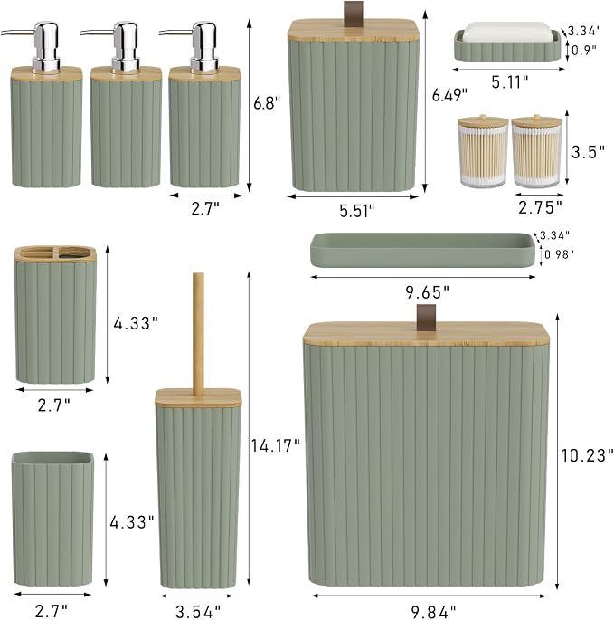 Bathroom Accessory Set - Sage Green Bathroom Set, 12PC Bathroom Accessories Set, Sage Green Bathroom Accessories Set, Mini Trash Can, Toilet Brush, Trash Can & Soap Dispenser