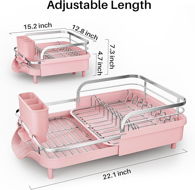 SNTD Dish Drying Rack, Expandable Dish Rack for Kitchen Counter, Stainless Steel Dish Drainer with Drainboard Set and Utensil Holder (Pink)