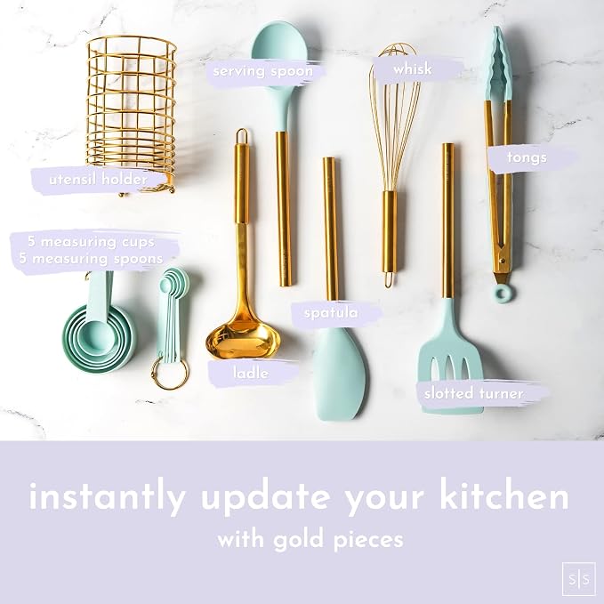 Teal Blue Kitchen Utensils Set with Holder – 17-Piece Nonstick Safe Cooking Utensils with Gold Utensil Holder – Stylish Teal Blue Kitchen Accessories for Cooking and Baking