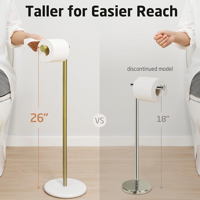 KES Extra High Gold Toilet Paper Holder Freestanding 26", Toilet Paper Holder Stand with Natural Marble Base, Floor Free StandingToilet Paper Holder 18/8 Stainless Steel Brushed Gold, BPH284S66-BZ