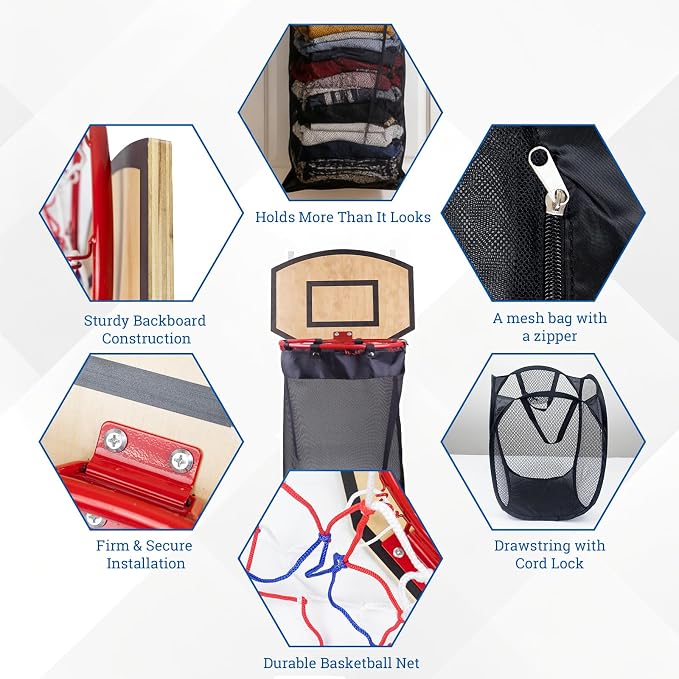 Basketball Laundry Hamper, Over The Door Hoop with Laundry Basket, Sports-Themed Hamper Organizer Set with Backboard, Ball, Net, Air Pump & Hooks for Bedroom or Bathroom
