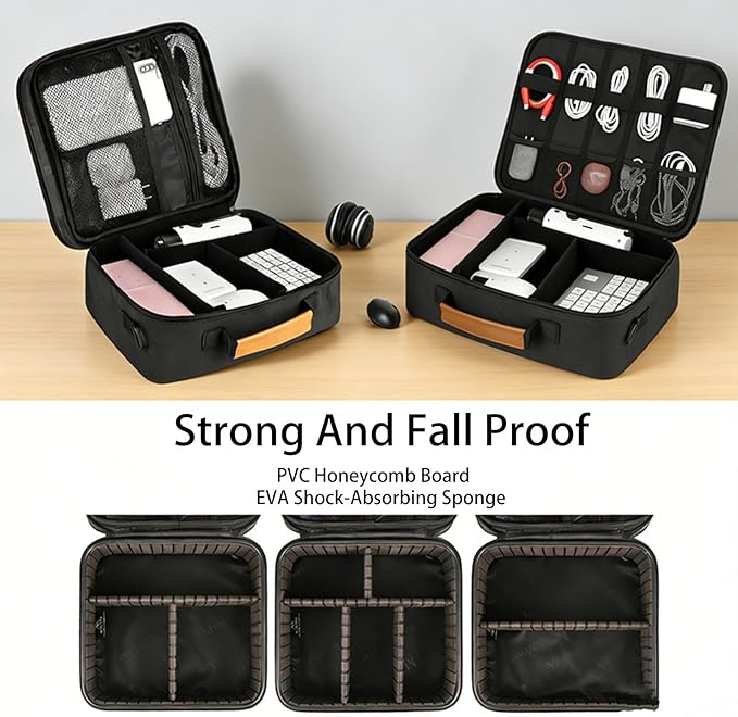 Extra Large Electronics Organizer Travel Case, Cable Organizer Bag with Shoulder Strap, Electronics Accessories Storage Double Layer Bags for Cord, Tablet, Headphone, Charger, Tools, DJ Gifts-Black