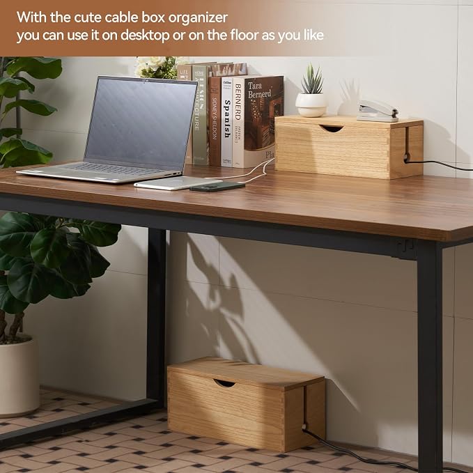KIRIGEN Wooden Cable Management Box Set of 2, Cord Organizer, Natural | Large and Small Solid Wood Boxes with Removable Lids for Power Strips, Chargers, Routers, and Desks Home Office